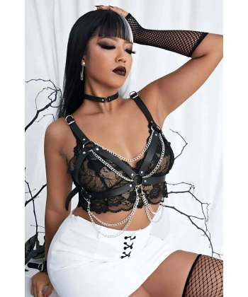 Şık Deri Zincirli Göğüs Tasma Ve Bileklik Takım Harness - Brf952