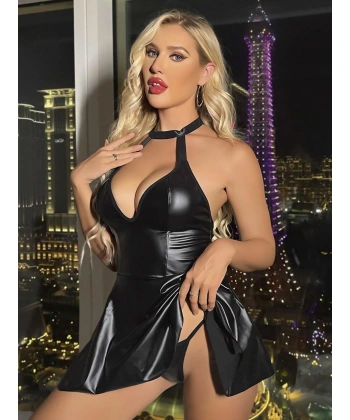 Siyah Boyundan Bağlamalı Fantezi Parlak Deri Gecelik