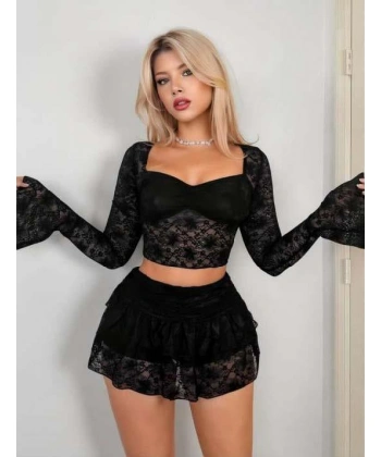 Siyah Dantelli Etekli Fantezi Bolero Bustiyer Takım