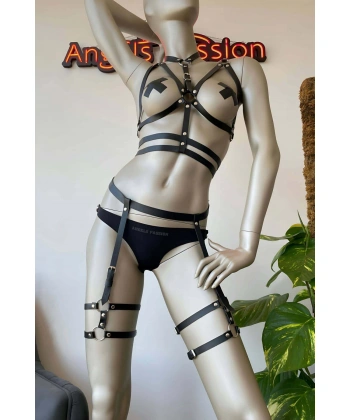 Siyah Deri Fantezi Jartiyer Harness Takım - Brf455