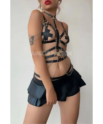 Siyah Deri Korse Harness Takım - Brf299