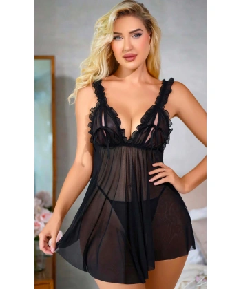 Siyah Fırfırlı Göğüs Dekolteli Transparan Fantezi Tül Gecelik