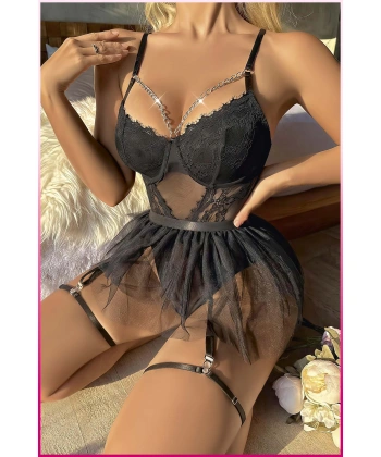 Siyah Göğüs Balenli, Tül Etekli Seksi Jartiyer Takım