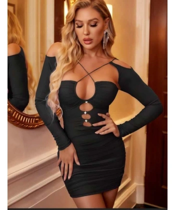 Siyah Göğüs Dekolteli İp Detaylı Mini Club Elbisesi