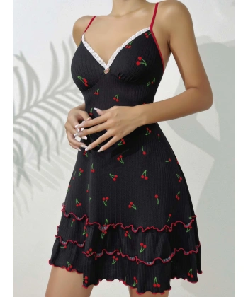 Siyah Kiraz Baskılı  Akılı Gecelik 5110