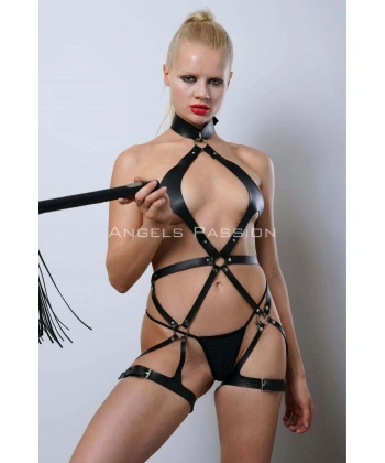Siyah Kırbaçlı Deri Harness, Full Body Deri Harness, Erotik Deri İç Giyim - Brf1348