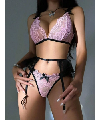 Siyah Pembe Jartiyer  Fantazi 5li Takım 2073