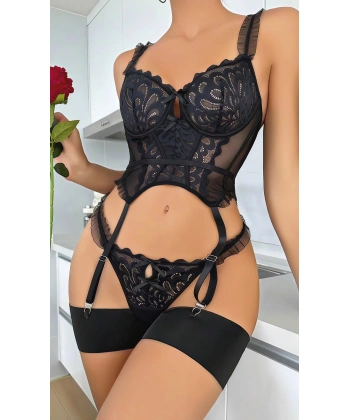 Siyah Sexy Kadın Dantelli Bodysuit Gecelik Takım