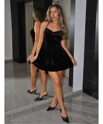 Siyah Sırt Dekolteli Simli Fantezi Mini Club Elbisesi