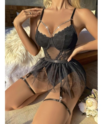 Siyah Tül Etekli Jartiyer Fantezi Takım 2080