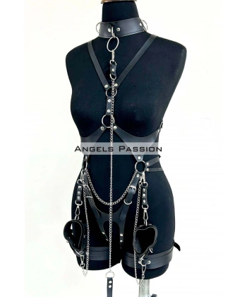 Tasma Ve Zincir Detaylı Şık Deri Harness, Deri Fantezi Giyim- Brf1225