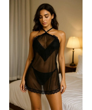 Transparan Dantel Detaylı Mini Gecelik