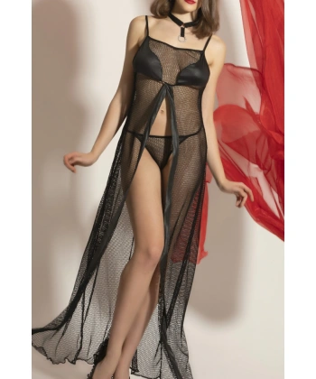 Transparan Fileli Uzun Babydoll Takım,dantel Detaylı Gecelik,tanga,boyunluk 3lü Set