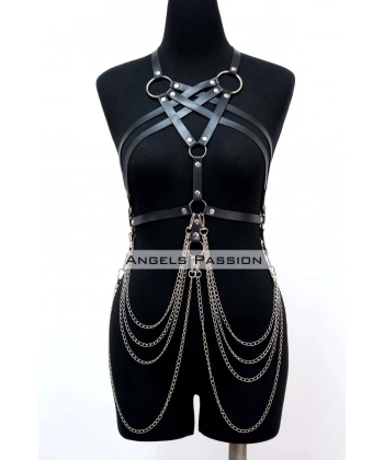 Zincir Detaylı Deri Göğüs Harness, Deri Fantezi Giyim, Elbise Aksesuar - Brf11