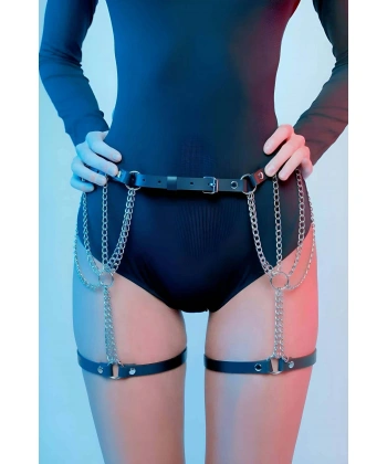 Zincir Detaylı Seksi Deri Belden Askılı Bacak Jartiyer Harness - Brf1323