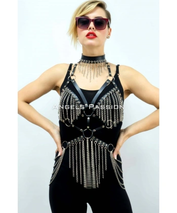 Zincirli Deri Harness, Deri Dansçı Kostüm, Choker Detaylı Deri Harness - Brf1397