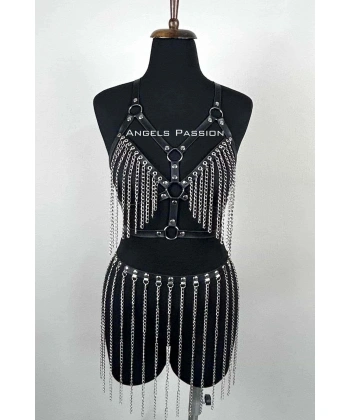 Zincirli Harness Takım, Deri Zincirli Etek Takım - Brf496