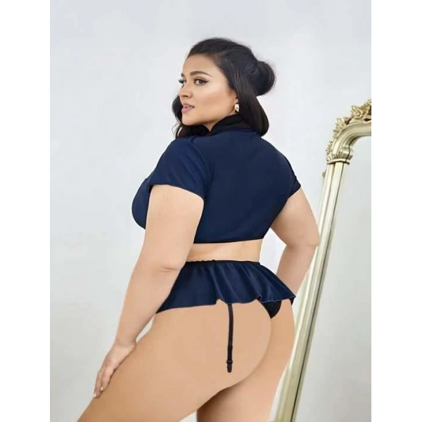 Büyük Beden Lacivert Göğüs Detay Büstiyerli Kravatlı Mini Etekli Fantezi Polis Kostümü