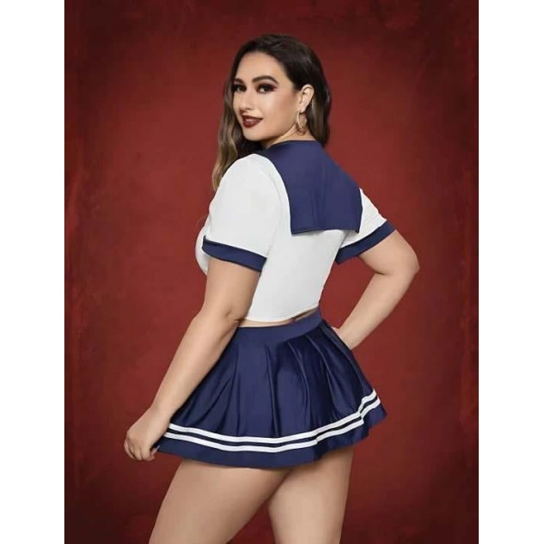Büyük Beden Lacivert Mini Etekli Fantezi Denizci Kostümü