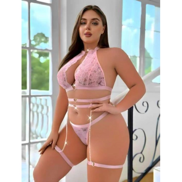 Büyük Beden Pembe Dantel İşlemeli Zincir Detaylı Jartiyer Takımı