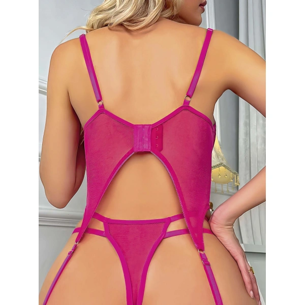 Dantel Transparan Fuşya Badysuit 4lü Takım 7001