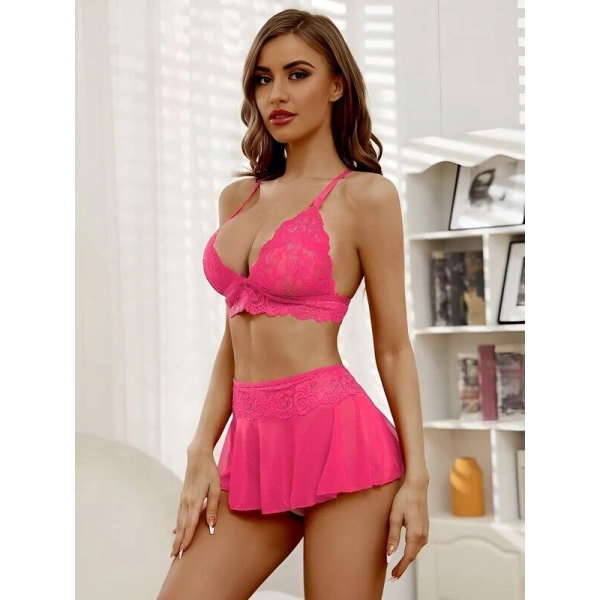 Dantel Ve Tül Detaylı Seksi Kadın Fantezi Gecelik Takımı