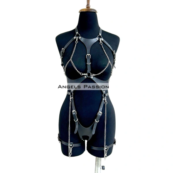 Deri Body Harness, Zincir Ve Kelepçeli Fantezi İç Giyim - Brf1098