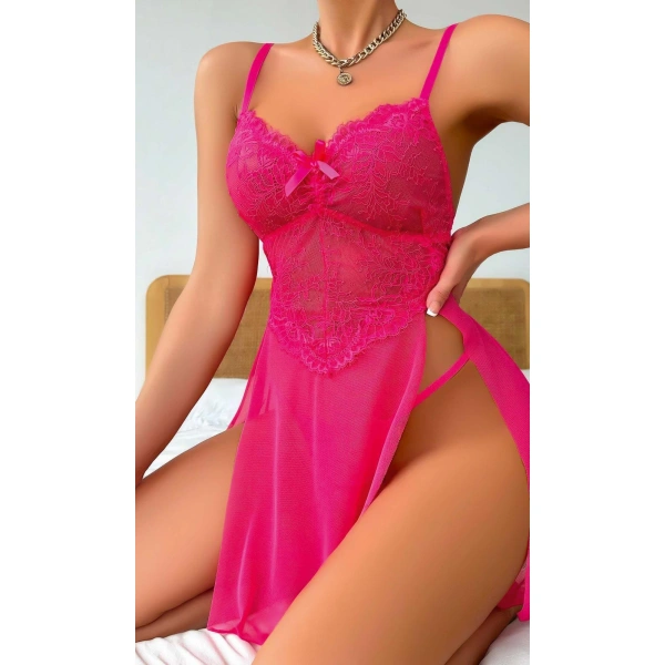 Fuşya Dantel İşlemeli Transparan Fantezi Tül Gecelik