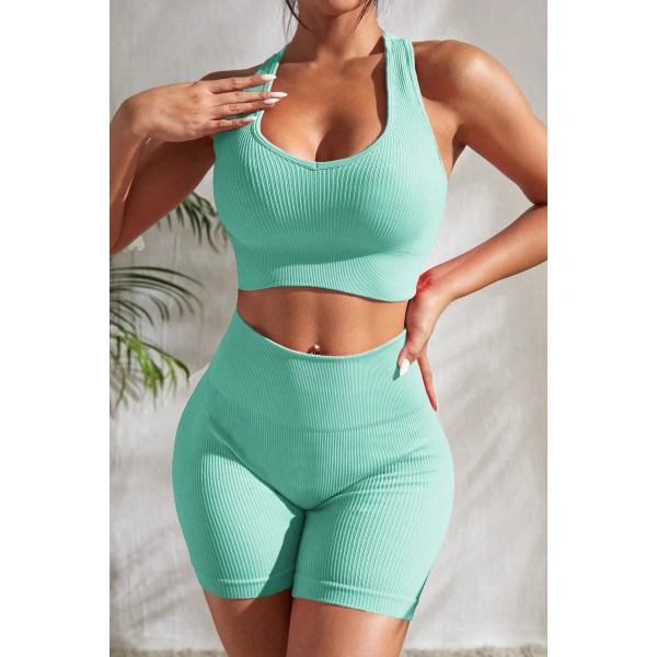 Kadın Açık Mavi Yüksek Bel Çapraz Sırt Detaylı Şortlu Gecelik Takım