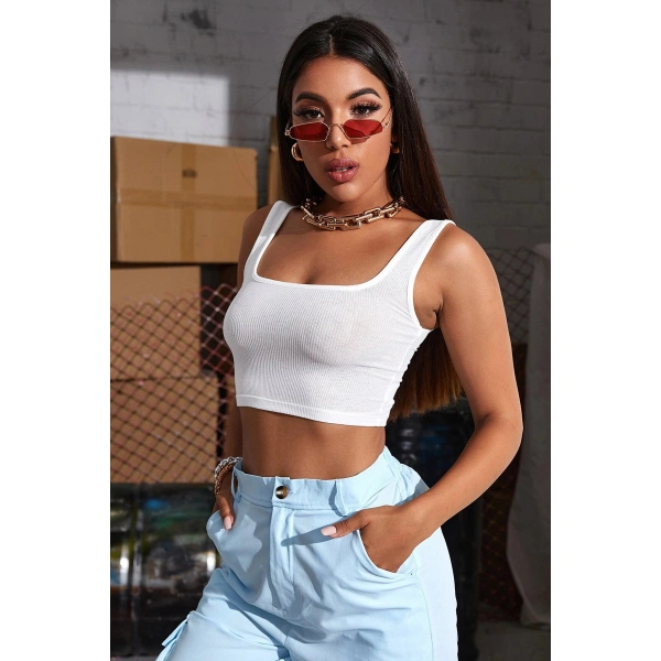 Kadın Beyaz Kalın Askılı Crop Top Büstiyer