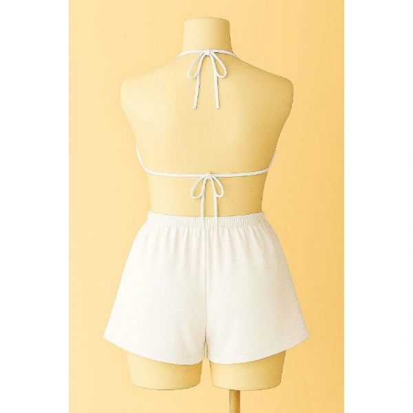 Kadın Beyaz Şortlu Belden Ve Boyundan Bağlamalı Bikini Takımı