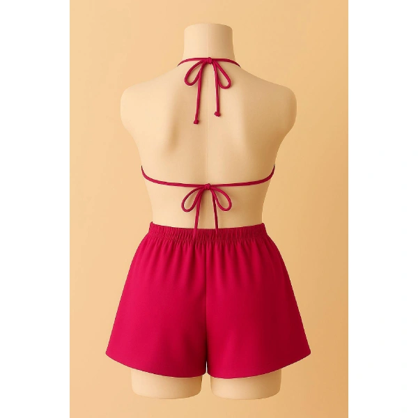 Kadın Fuşya Şortlu Belden Ve Boyundan Bağlamalı Bikini Takımı