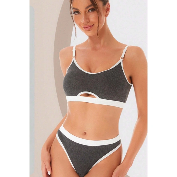 Kadın Gri Antrasit Kaşkorse Ve Beyaz Lastikli Cut-out Tanga Külotlu Takım