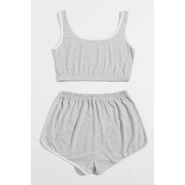 Kadın Gri Askılı Crop Top Ve Şortlu Gecelik Takım