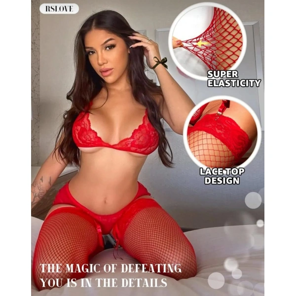 Kadın Kırmızı File Silikonlu Jartiyer Çorabı