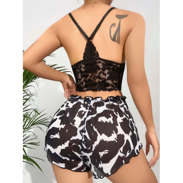 Kadın Leopar Dantel Detaylı Şortlu Gecelik Pijama Takımı 5055