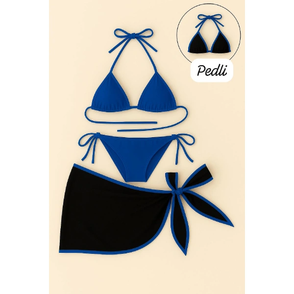 Kadın Mavi Pareolu Yandan Ve Boyundan Bağlamalı 3lü Bikini Takımı