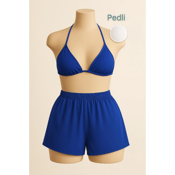 Kadın Mavi Şortlu Belden Ve Boyundan Bağlamalı Bikini Takımı