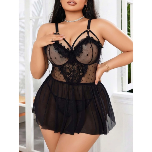 Kadın Nakışlı Siyah Gotik İp Askılı Büyük Beden Tüllü Transparan Fantezi Gecelik 8007