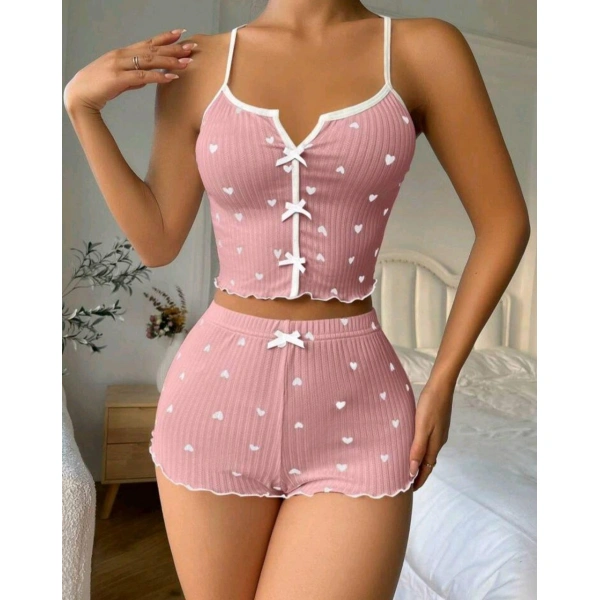 Kadın Pembe Kalpli Askılı Şortlu Pijama Takım 6654