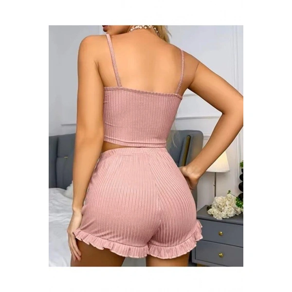 Kadın Pudra Dantel Detaylı Şortlu Gecelik Pijama Takımı 5015