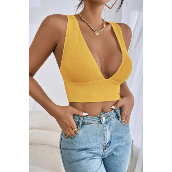 Kadın Sarı Çapraz Sırt Detaylı Şık Crop Top Büstiyer