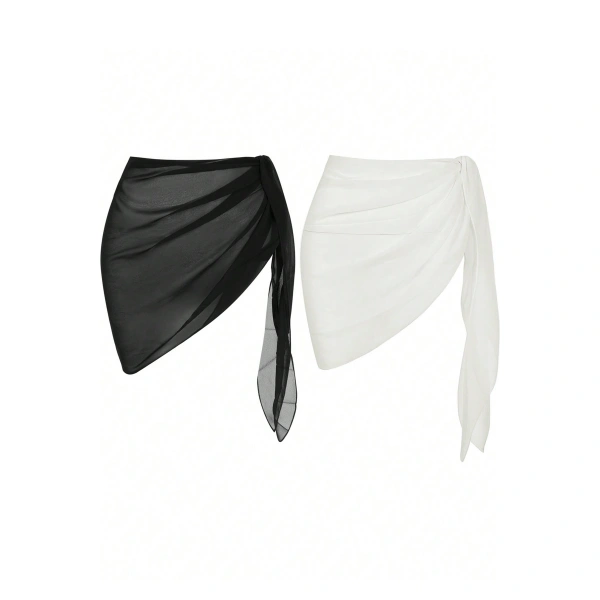 Kadın Siyah Beyaz Transparan Belden Bağlamalı Pareo 2li