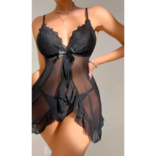 Kadın Siyah Fantezi Gecelik Tül Dantel Detaylı Fantezi Gecelik 2117