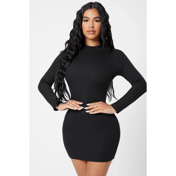 Kadın Siyah Kaşkorse Balıkçı Yaka Uzun Kollu Bodycon Mini Elbise