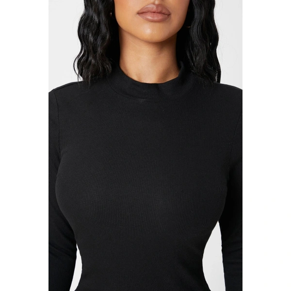 Kadın Siyah Kaşkorse Balıkçı Yaka Uzun Kollu Bodycon Mini Elbise