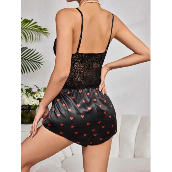 Kadın Siyah Kırmızı Kalp Desenli Saten Şort Pijama Takımı 2232