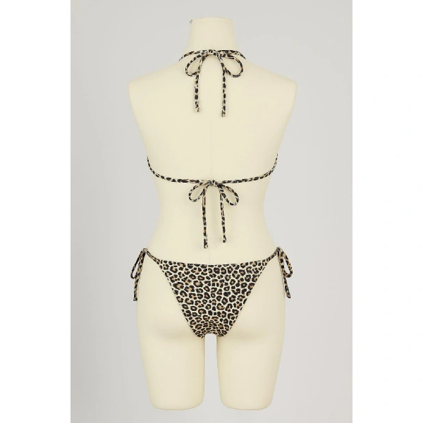 Kadın Siyah Ve Leopar Detaylı Yandan Bağlamalı Bikini Takımı