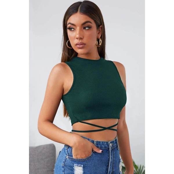 Kadın Yeşil Çapraz Bağlamalı Crop Top Büstiyer