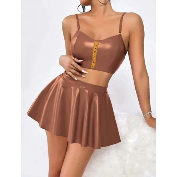 Kahverengi Etekli Fantezi Deri Şık Elbise